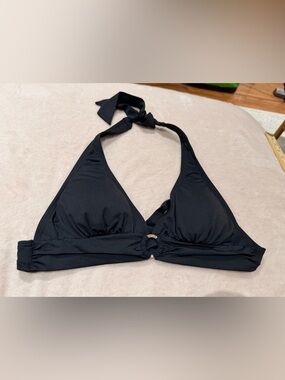 Black Halter Bikini Top with Gold Ring Accent - Women Swim
